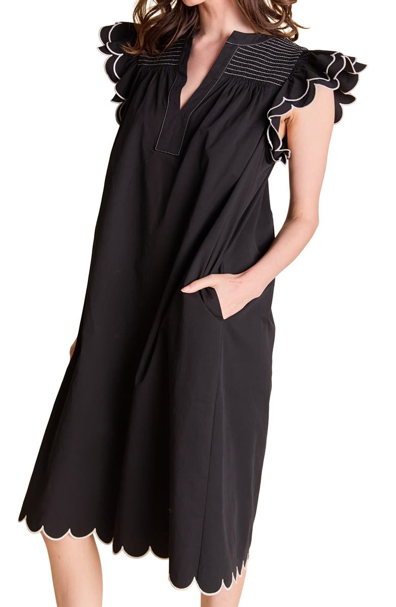 English Factory Scallop Hem Midi Dress, Alternate, color, Black/ White