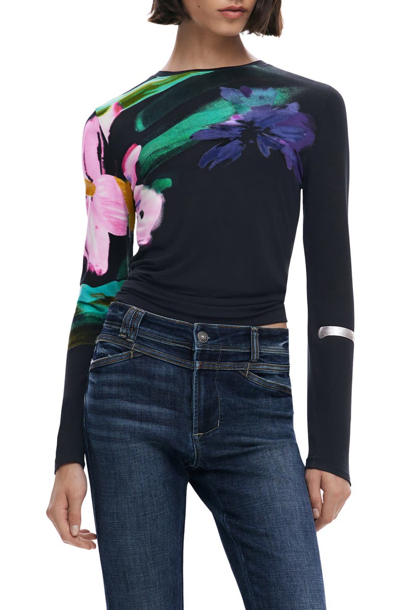 Desigual Abstract Floral Print Long Sleeve T-Shirt, Main, color,