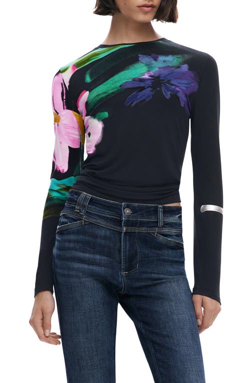Desigual Abstract Floral Print Long Sleeve T-shirt In Black