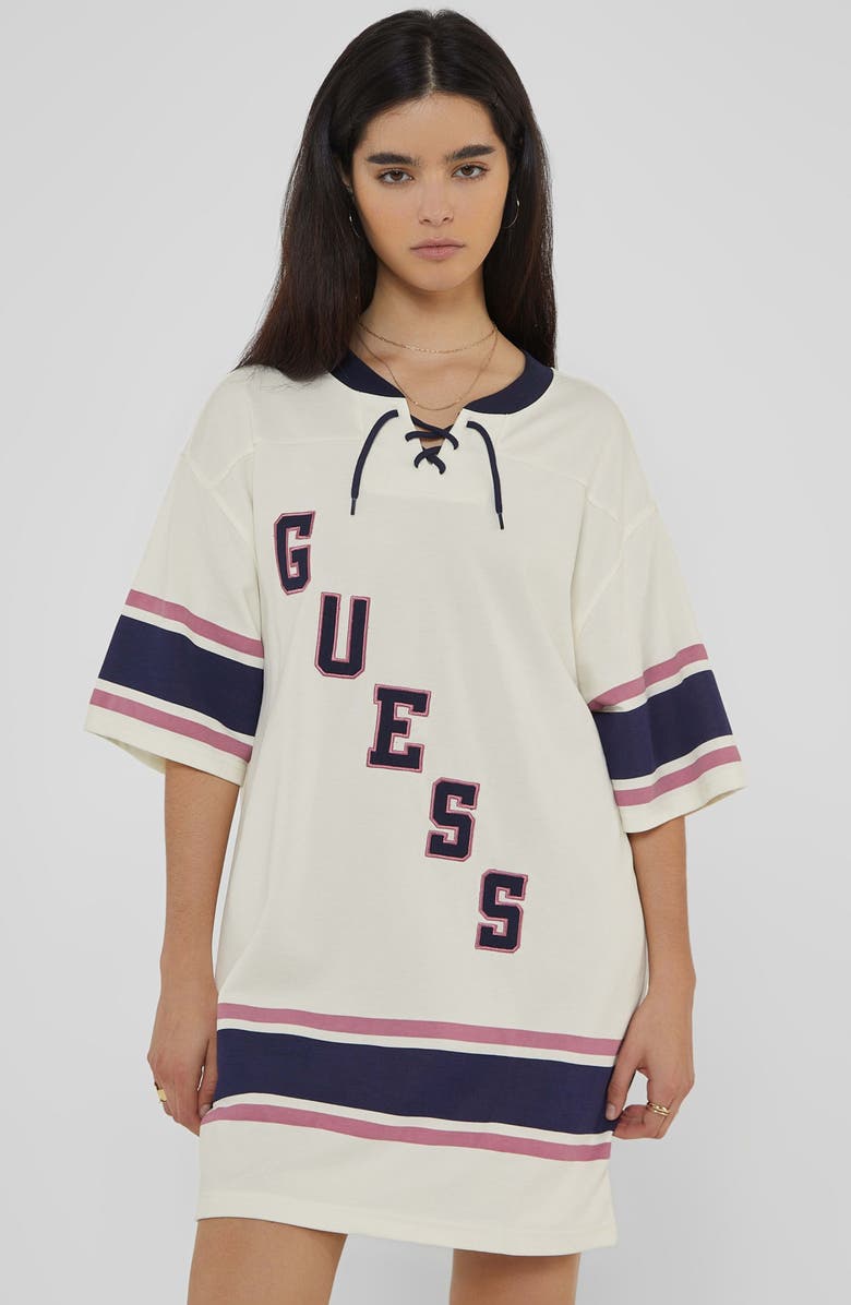 GUESS Go Hockey Jersey T-Shirt Dress, Alternate, color, Sandy Shore Multi