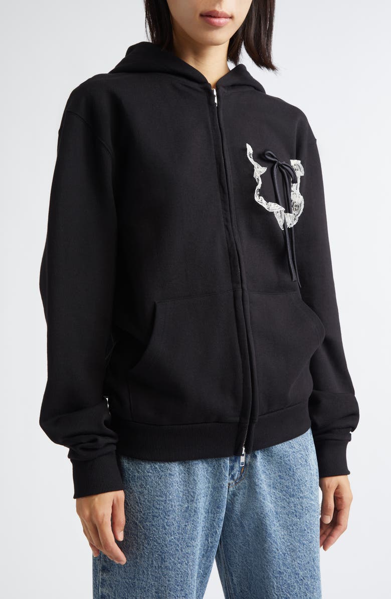 Tanner Fletcher Gender Inclusive Bennett Bow Pocket Cotton Zip-Up Hoodie, Main, color, Black