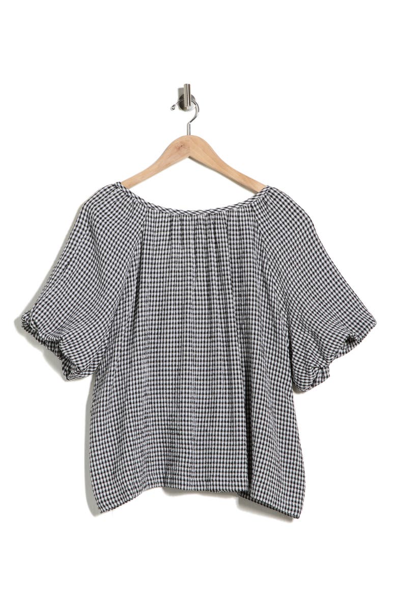 Bubble Sleeve Split Neck Top, Alternate, color, BLACK / WHITE