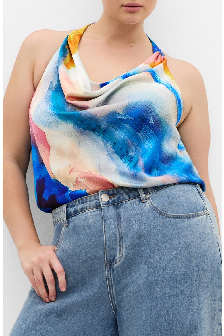 Print Cowl Neck Sleeveless Satin Top, Main, color, FACET