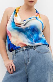 City Chic Print Cowl Neck Sleeveless Satin Top