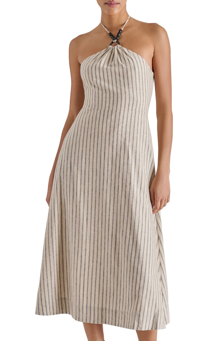 Steve Madden Mary Beth Ticking Stripe Linen & Cotton Halter Midi Dress, Alternate, color, Ivory/Black