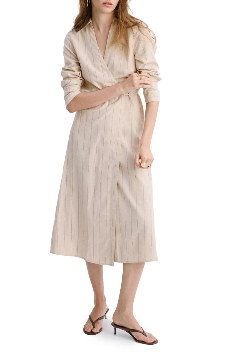 MANGO Stripe Wrap Front Shirtdress, Main, color, Brown