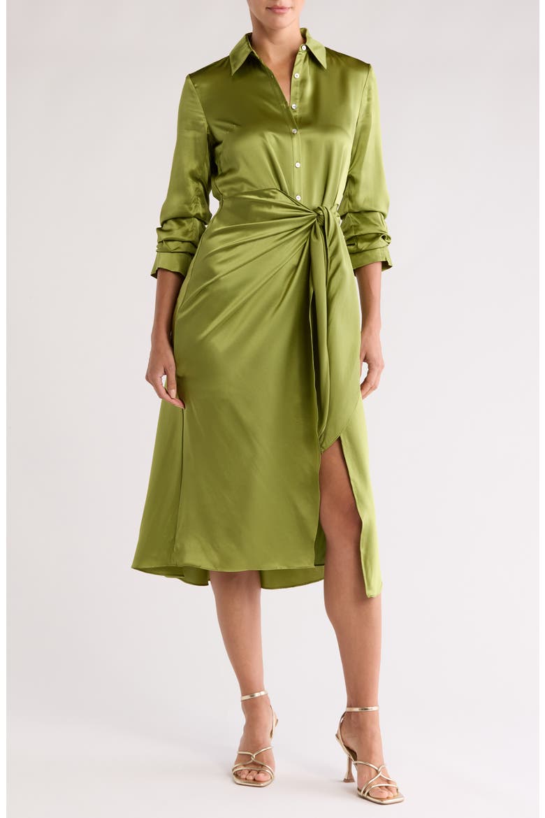 Jacey Tie Waist Silk Shirtdress, Main, color, MOSS