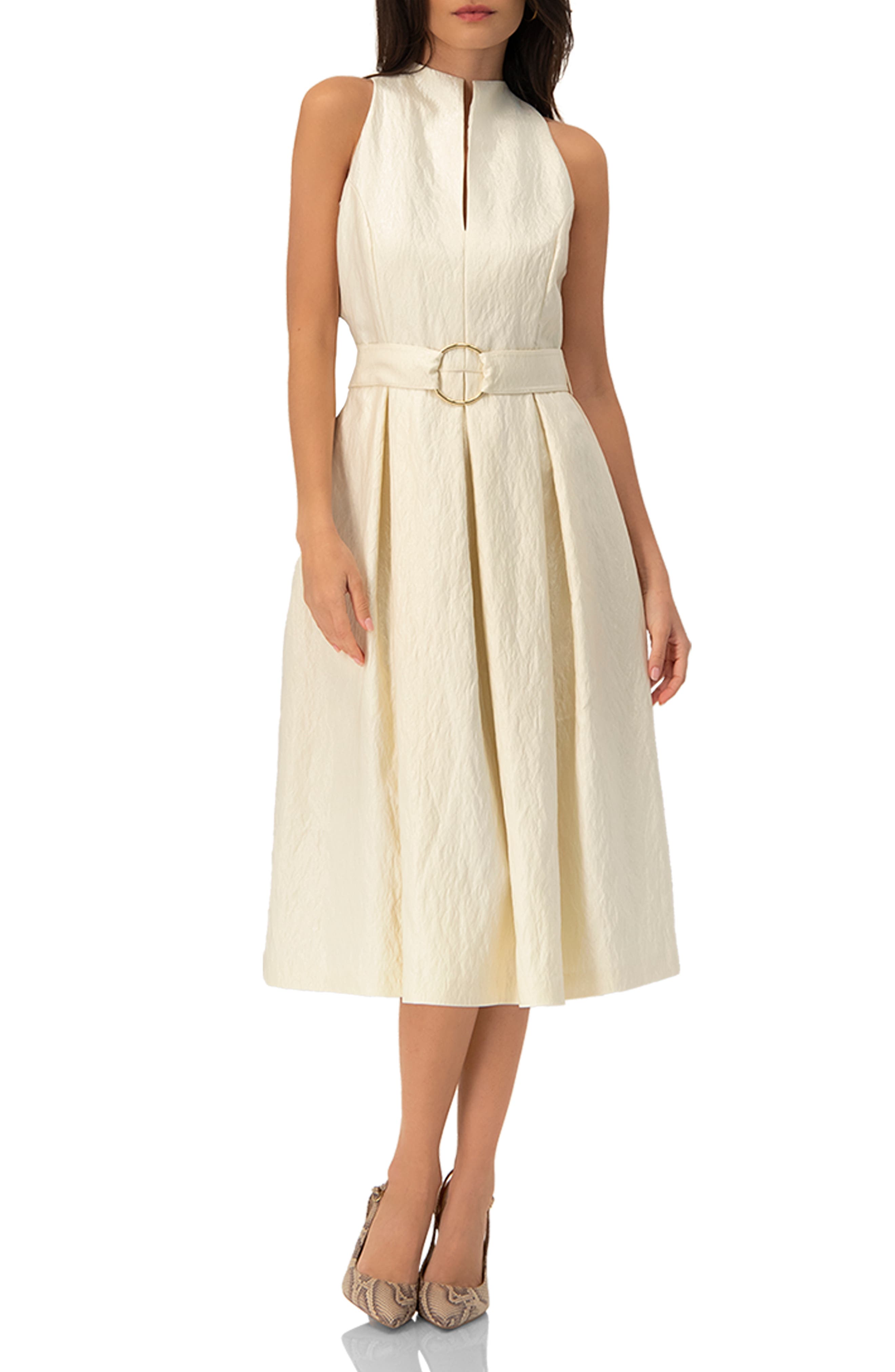 Ivonne Textured Midi Dress With Belted Waist In Neutral