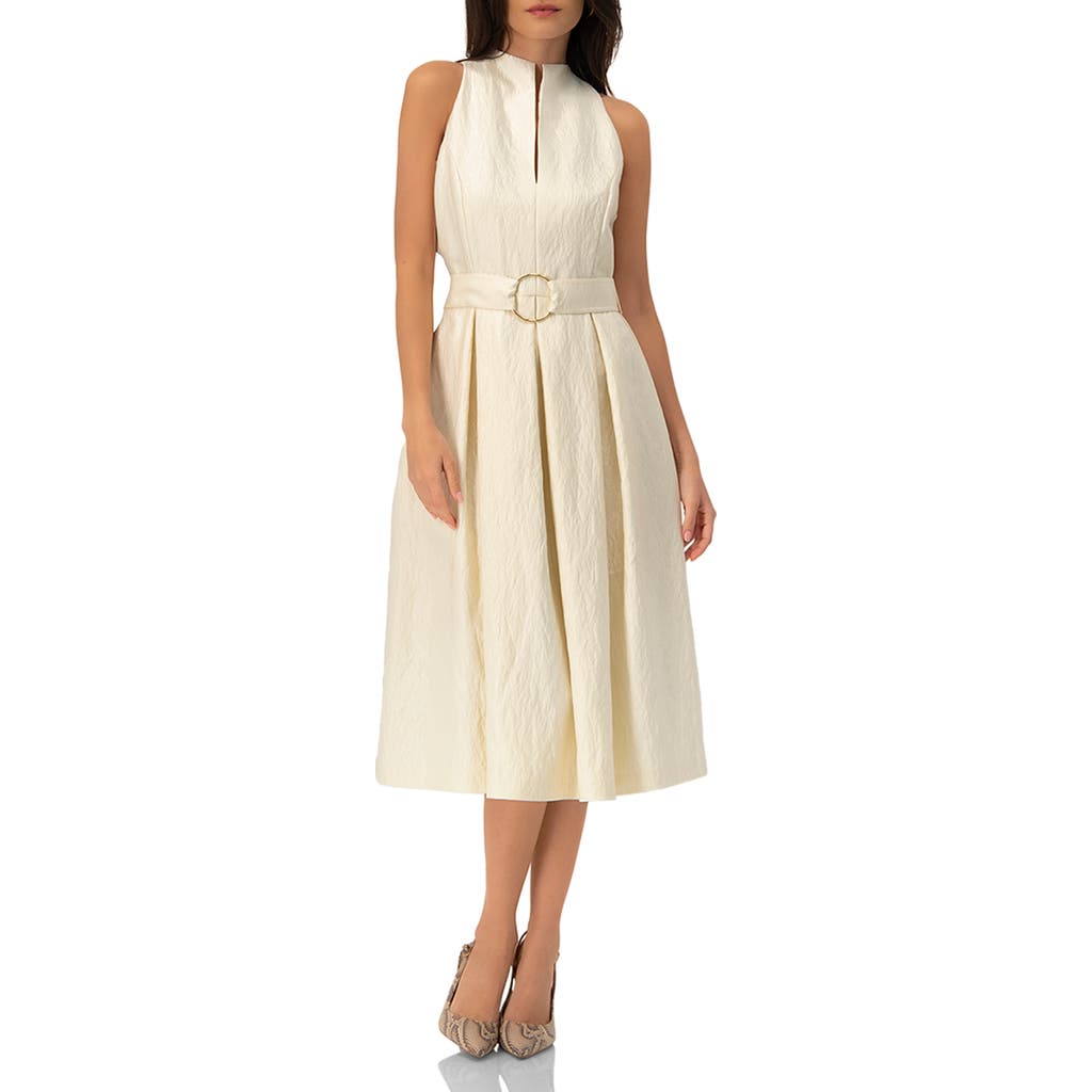 Ivonne Textured Midi Dress With Belted Waist In Neutral