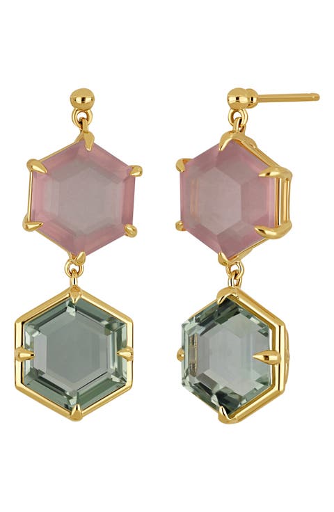 14K Gold Amethyst & Prasiolite Drop Earrings