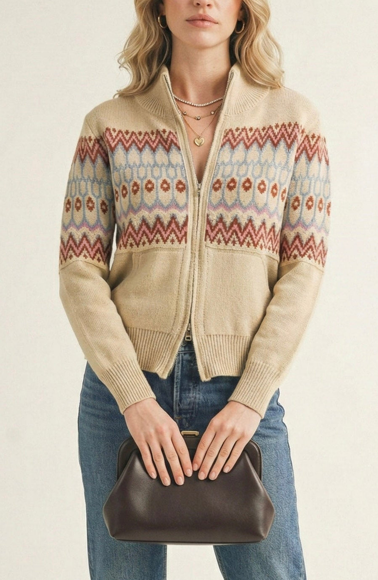 Modenaire Fair Isle Zip Cardigan with Ribbed Trim, Main, color, Fair Isle
