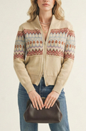 Modenaire Fair Isle Zip Cardigan with Ribbed Trim