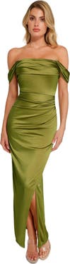 Popilush Shapewear Off Shoulder Shine Ruched Sculpting Maxi Dress