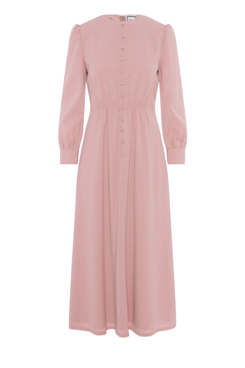Ladies Linen Midi Button Dress - Smocked Waist, Puff Long Sleeves, Alternate, color, Blush