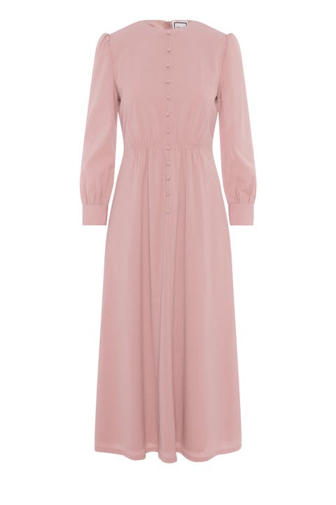 Linen Look Smocked Waist Faux Button Midi Dress