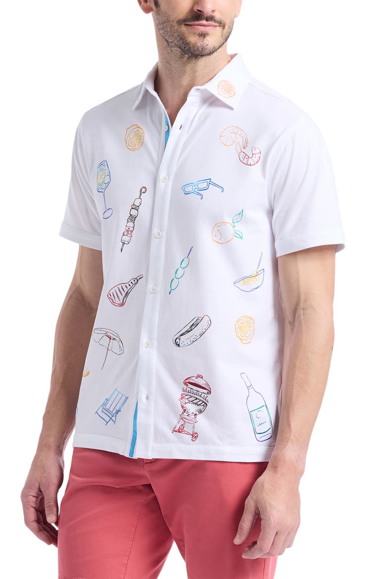 Out of Office Short Sleeve Knit Button-Up Shirt, Alternate, color, WHITE