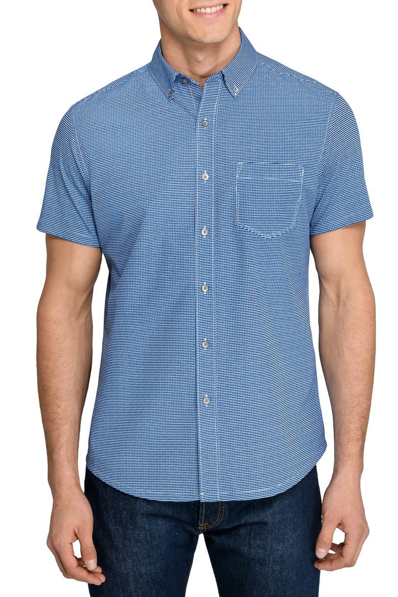 Slim Fit Micro Square Reworked Short Sleeve Button-Down Shirt, Main, color, NAVY