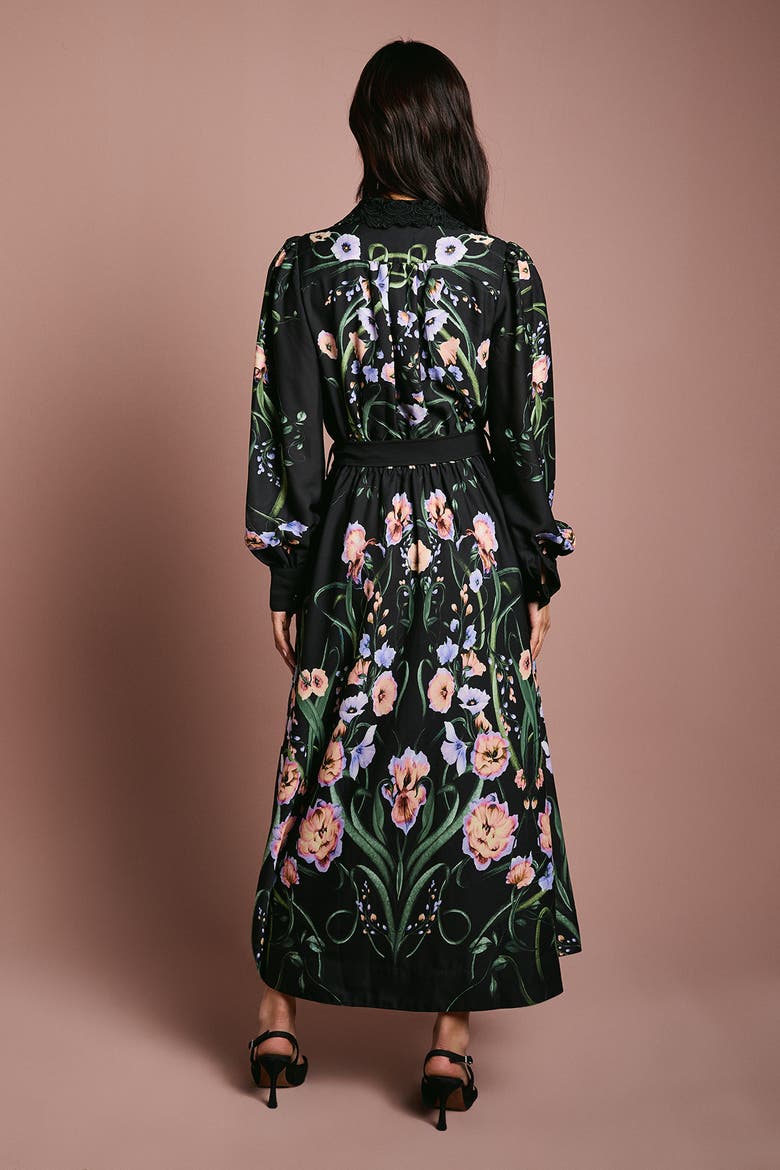 Lace Trim Printed Shirt Dress, Alternate, color, Black