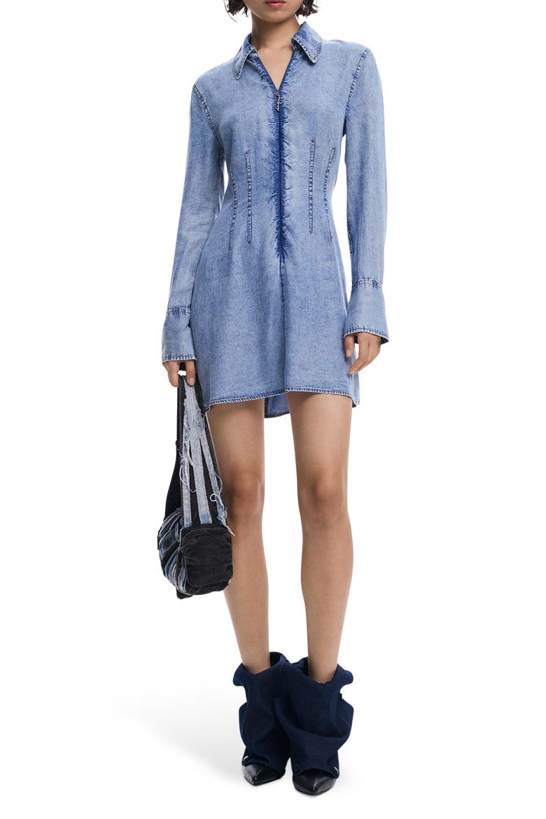 Long Sleeve Denim Minidress, Main, color, BLUE