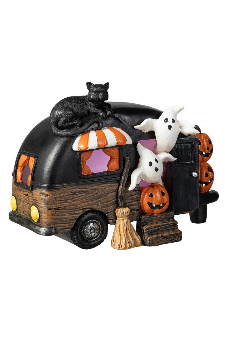 Halloween Polyresin Lighted Camper with Ghost Black Cat Table Decor, Alternate, color, Black