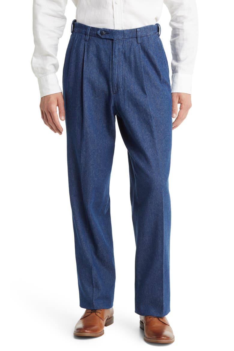 Pleated Self Sizer Waist Flat Front Denim Trousers, Main, color, NAVY