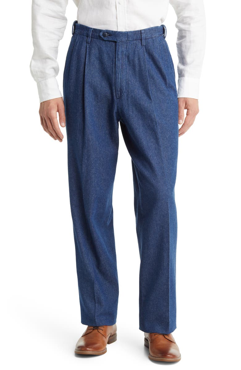 Berle Pleated Self Sizer Waist Flat Front Denim Trousers, Main, color, Navy