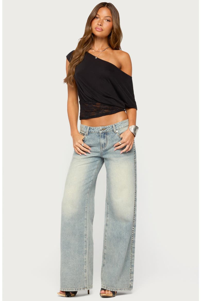 Michy Lace Hem Off the Shoulder Top, Alternate, color, BLACK