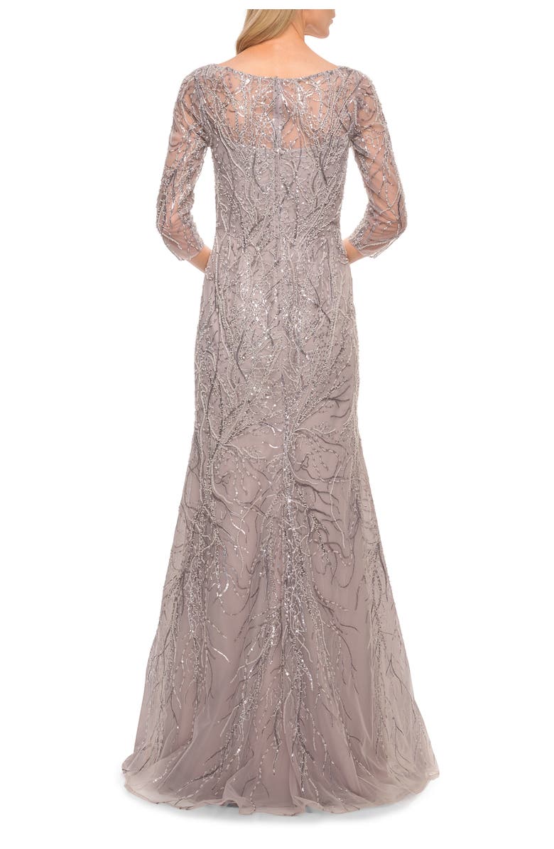 La Femme Stunning Lace Beaded Gown with Illusion Sleeves, Alternate, color, Lavender/Gray