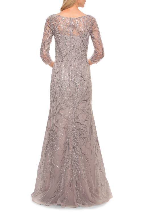 La Femme Stunning Lace Beaded Gown With Illusion Sleeves