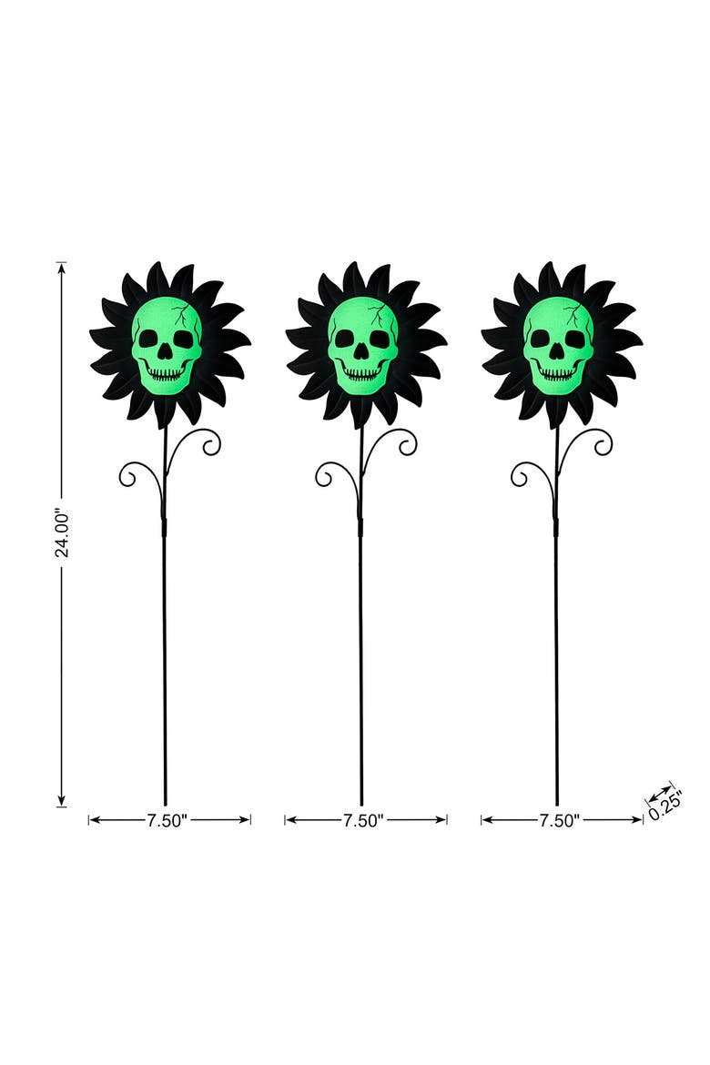 Set of 3 Halloween Metal Sunflower Skulls Glow-in-Dark Yard Stakes, Alternate, color, Black