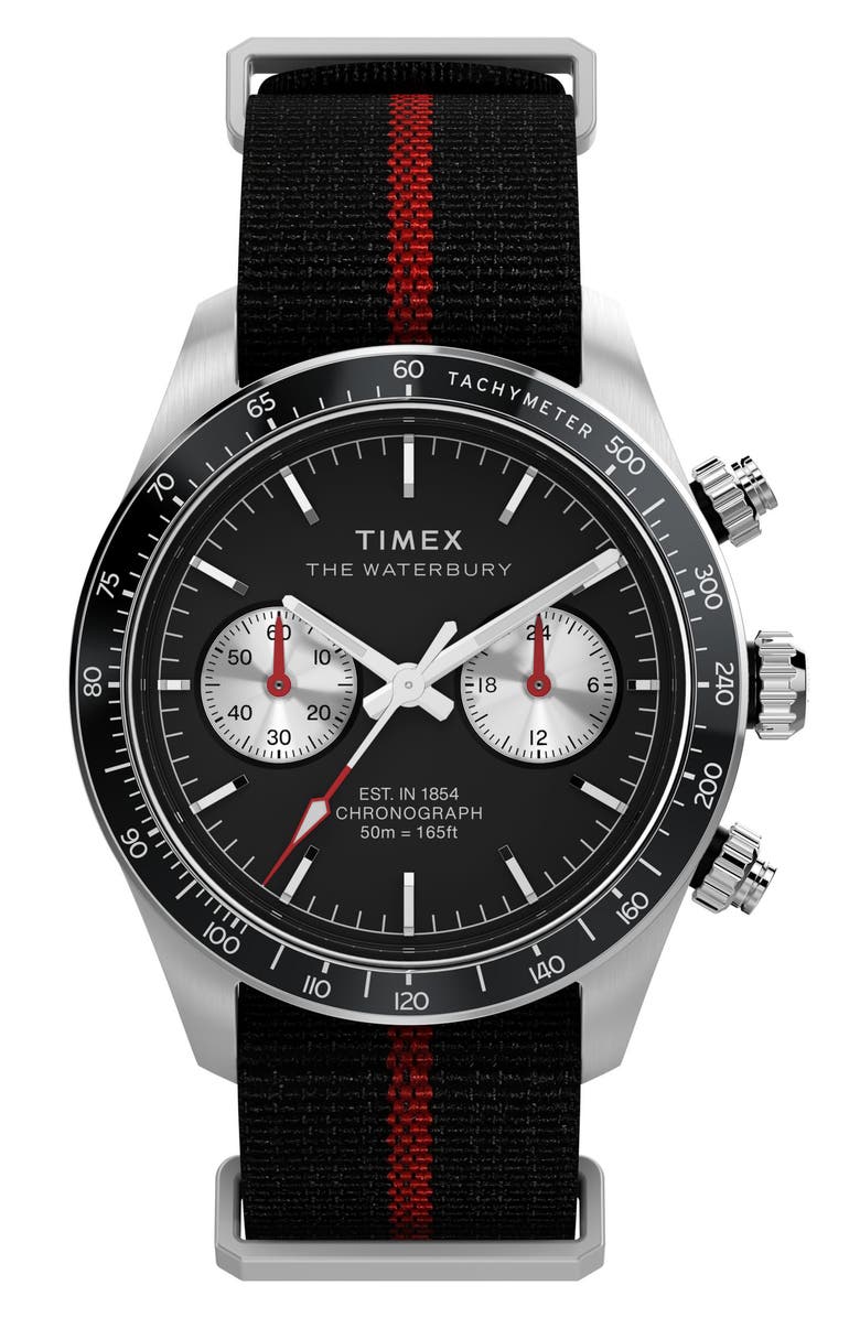 Timex<sup>®</sup> Waterbury Heritage Chronograph Webbing Strap Watch, 39mm, Main, color, Black