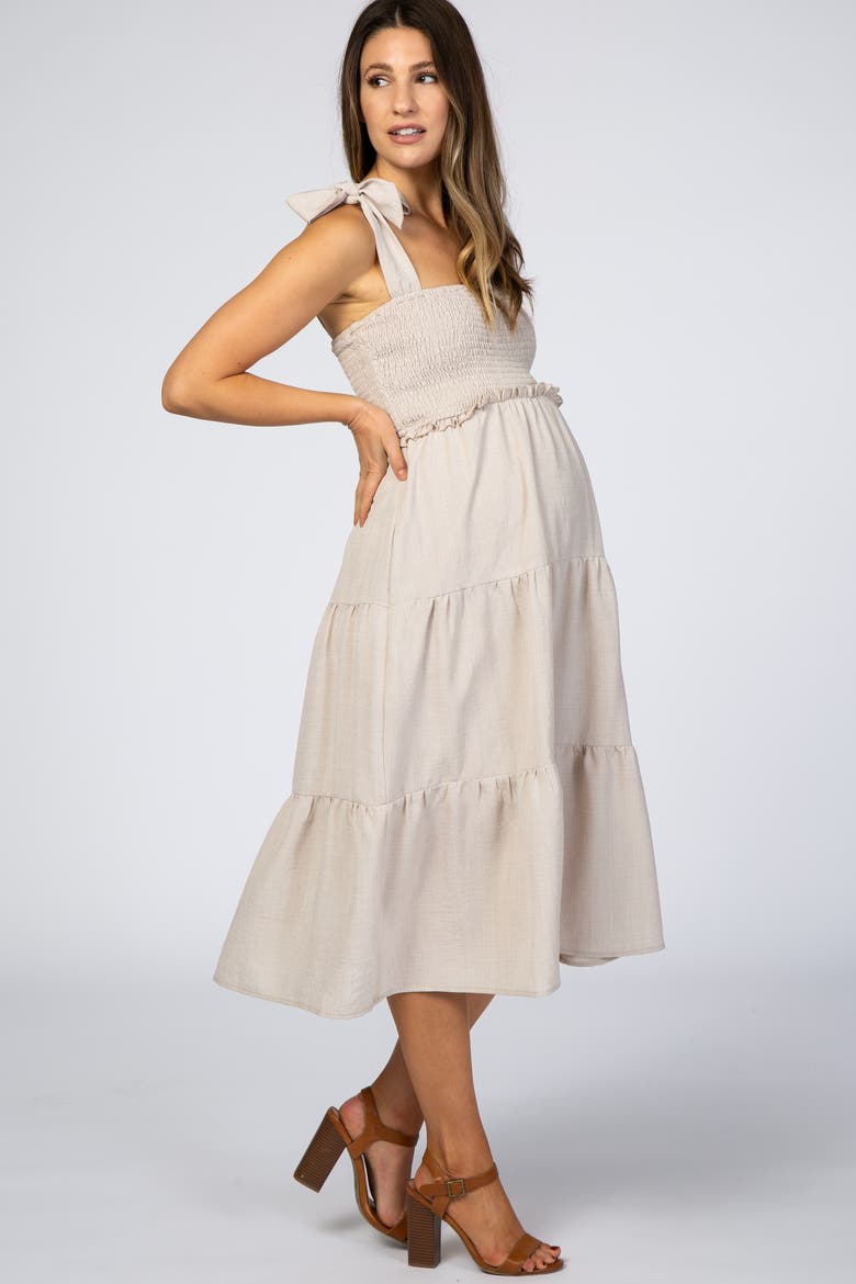 Bow Strap Tiered Midi Dress, Alternate, color, Beige