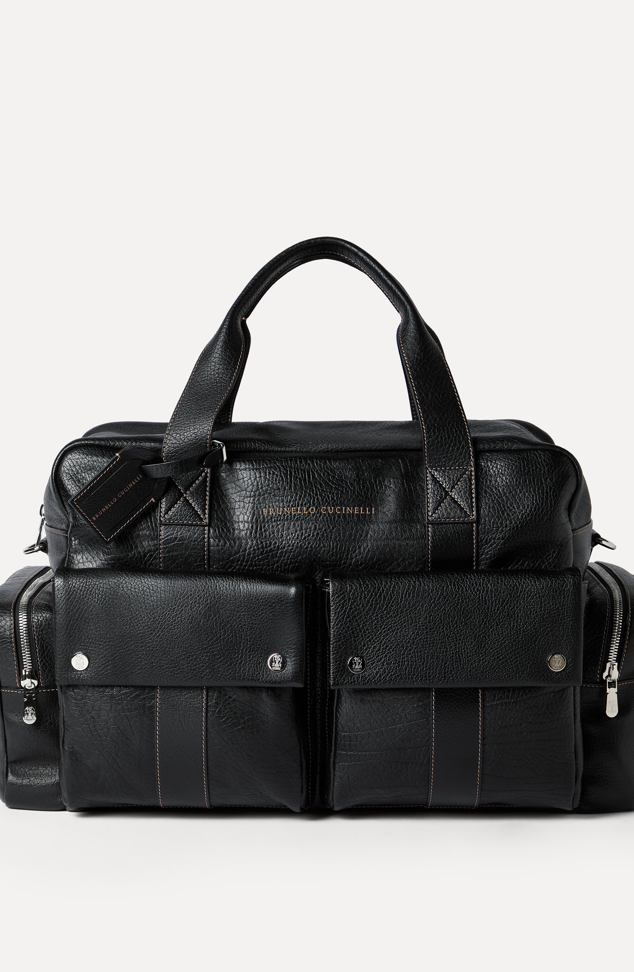 Brunello Cucinelli Grained calfskin leisure bag, Alternate, color, Black