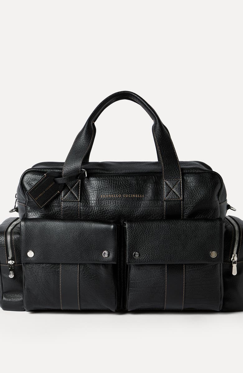 Brunello Cucinelli Grained calfskin leisure bag, Alternate, color, Black