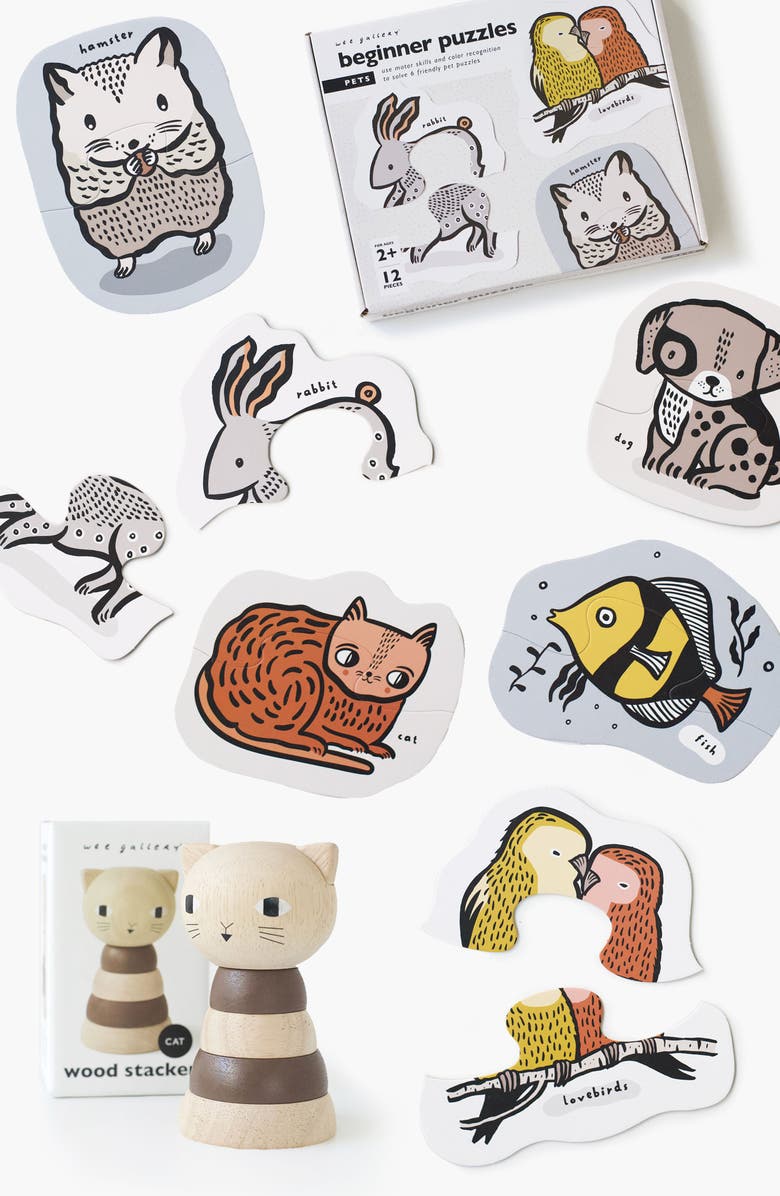 Wee Gallery Pets Beginner Floor Puzzle and Wooden Toy Stacker Bundle, Main, color, Pets