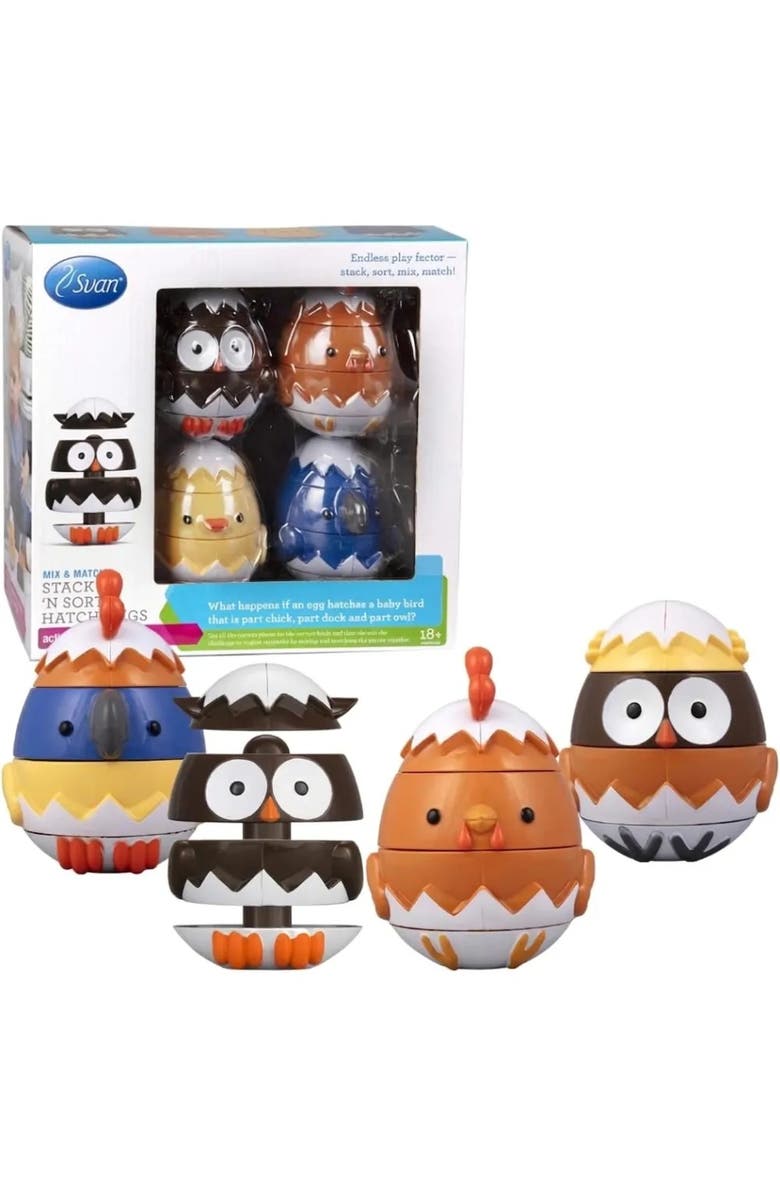 SVAN Egg Stacking & Sorting Animals, Mix & Match Adorable Hatching Friends- Building Toys - Chick, Owl, Duck & Bird, Main, color, White