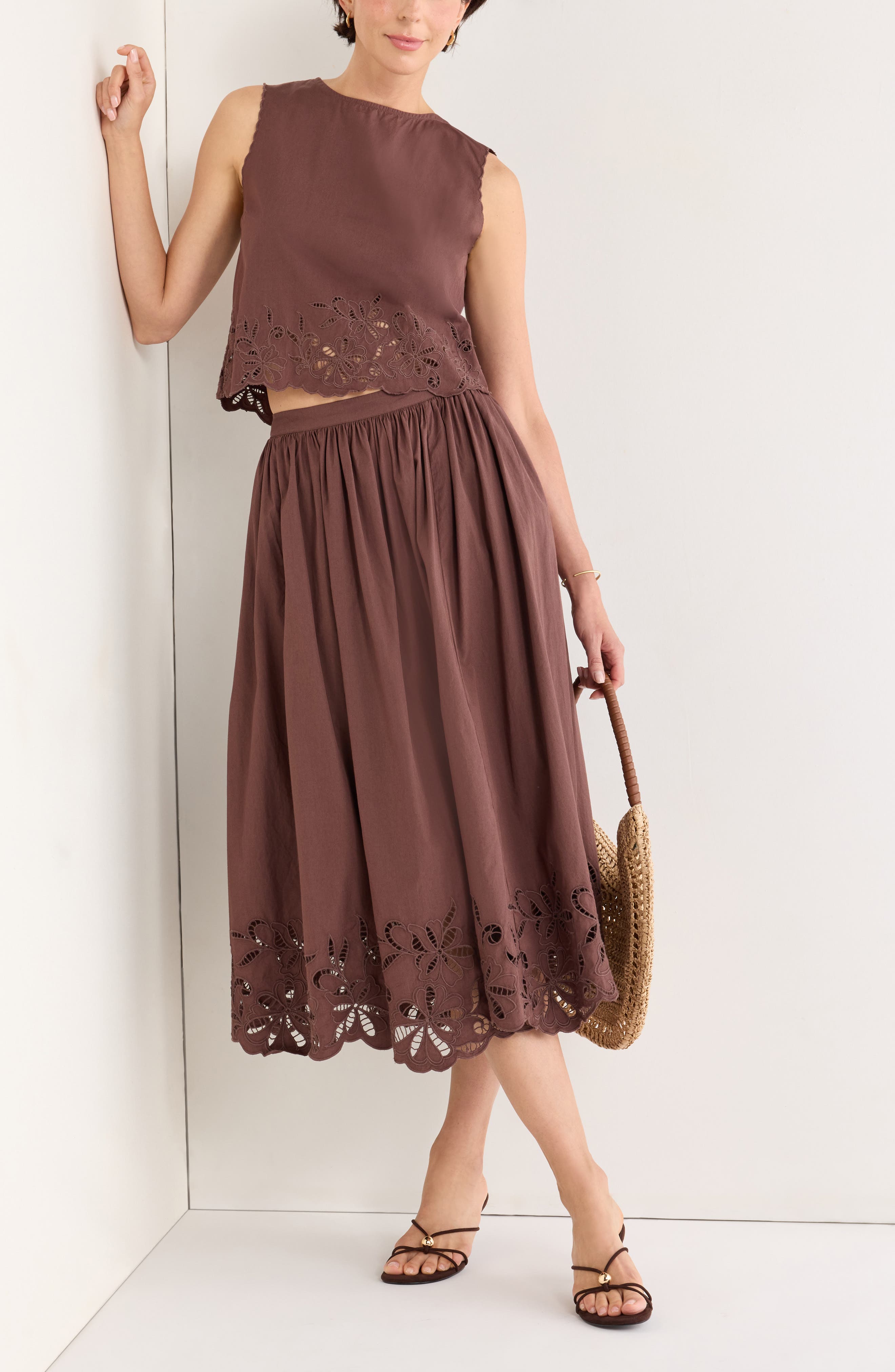 Schiffly Cotton Eyelet Midi Skirt