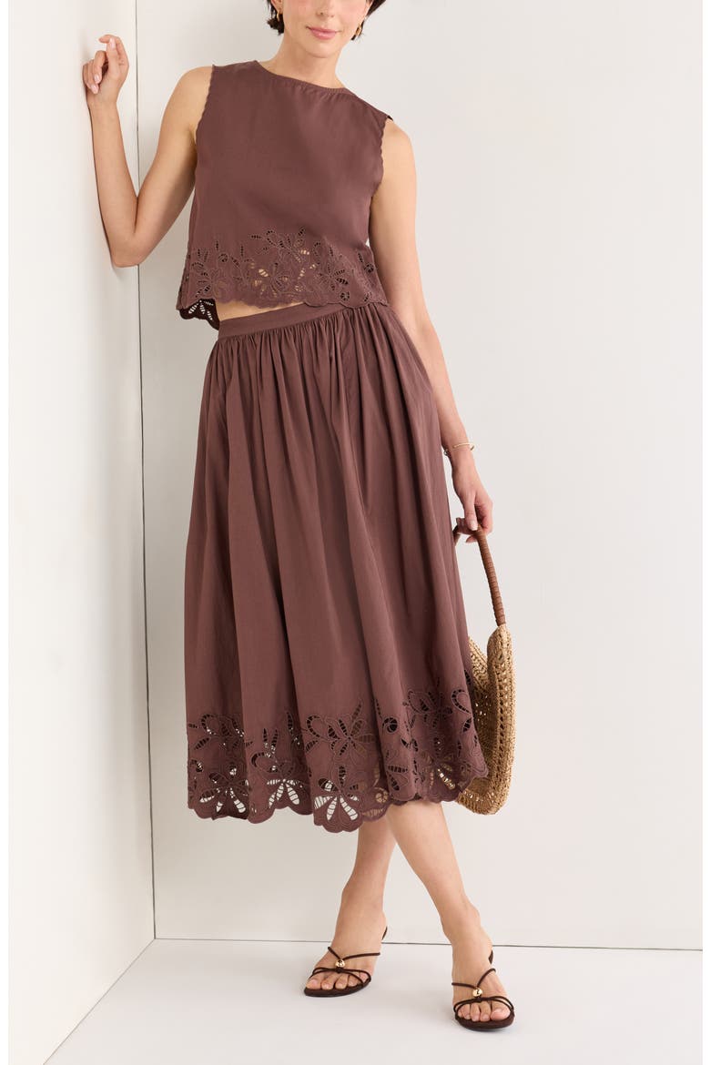 Schiffly Cotton Eyelet Midi Skirt, Main, color, BROWN ROAST
