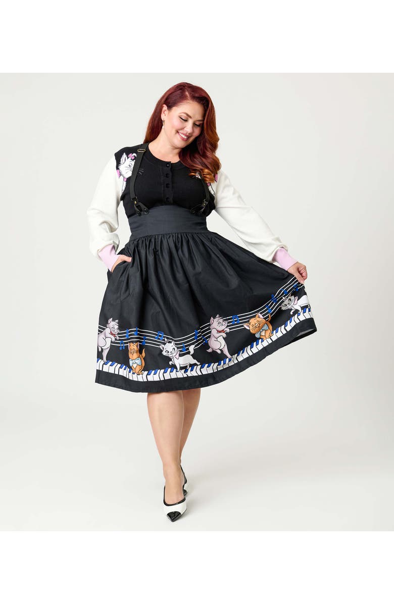 Unique Vintage Plus Size Suspender Swing Skirt, Main, color, Black Piano Cats Print