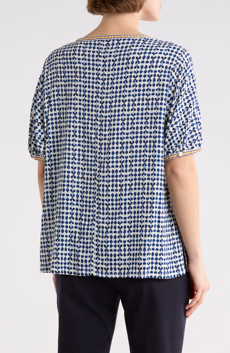 MAX STUDIO Keyhole Elbow Sleeve Top, Alternate, color, Natural/ Blue Ikat Stamps