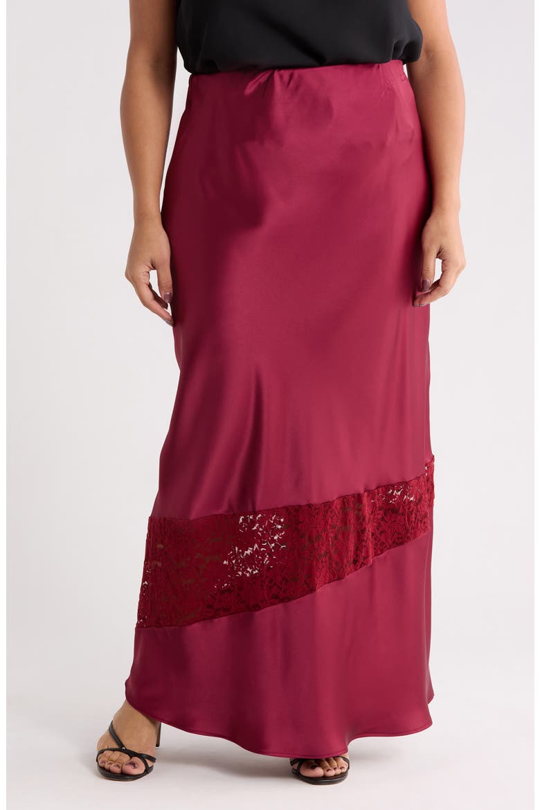 Lace Trim Satin Maxi Skirt, Main, color, RED