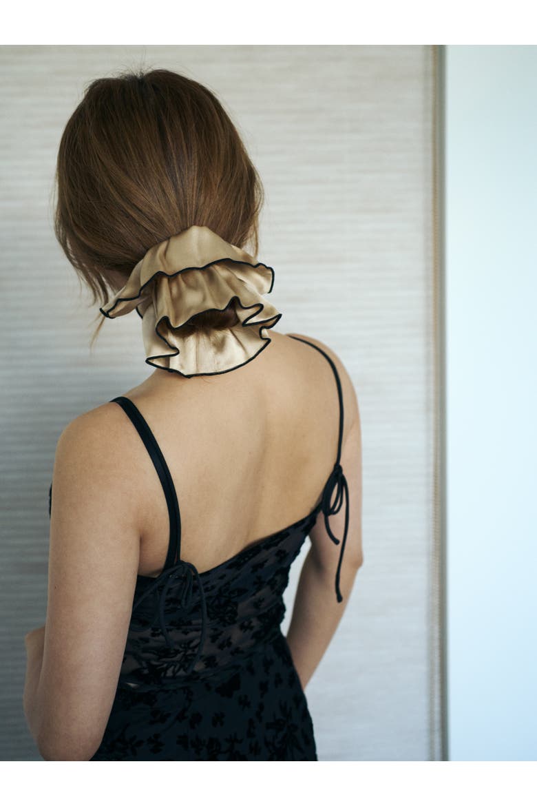 "Maxi Flower" Double-Layer Oversized Silk Scrunchie, Alternate, color, Tan