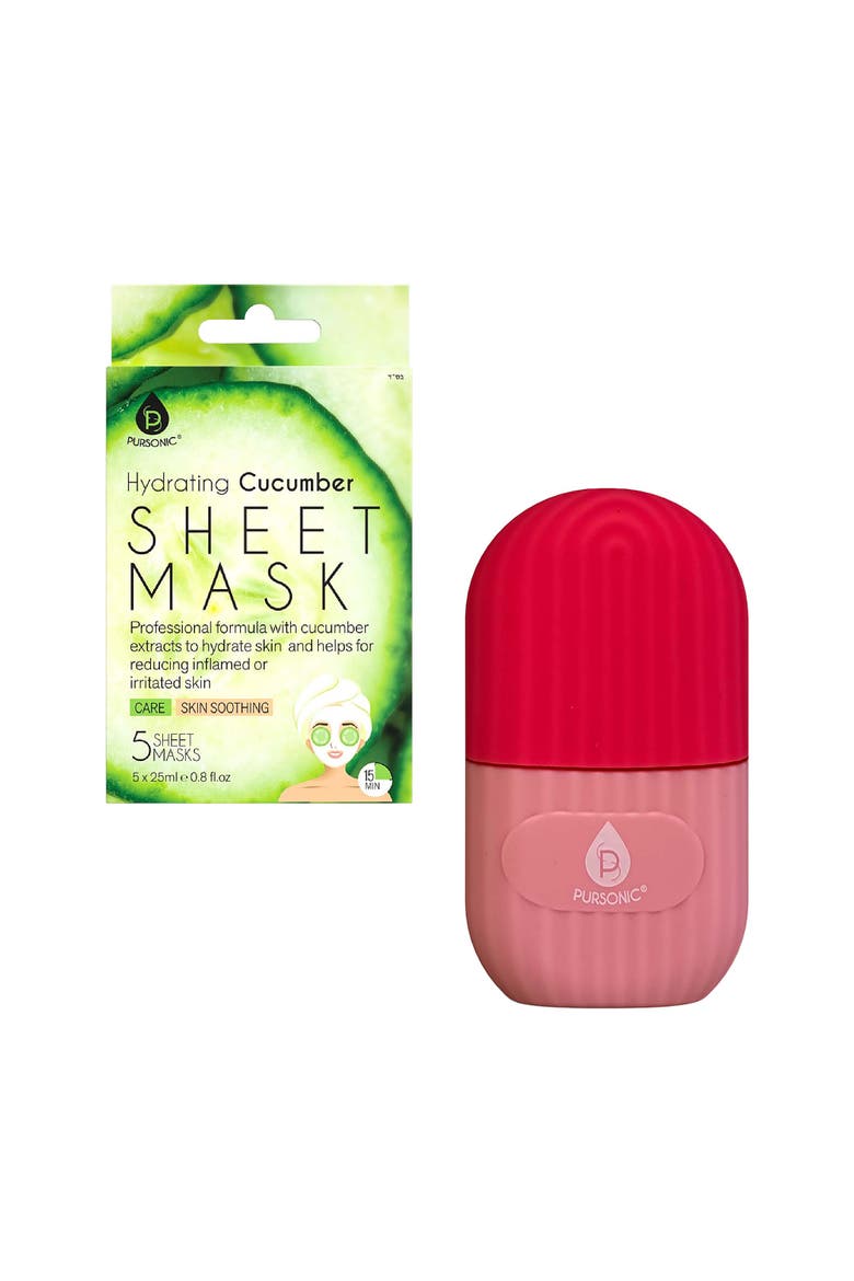 Ice Facial Roller & Hydrating Cucumber Sheet Masks, Main, color, Pink