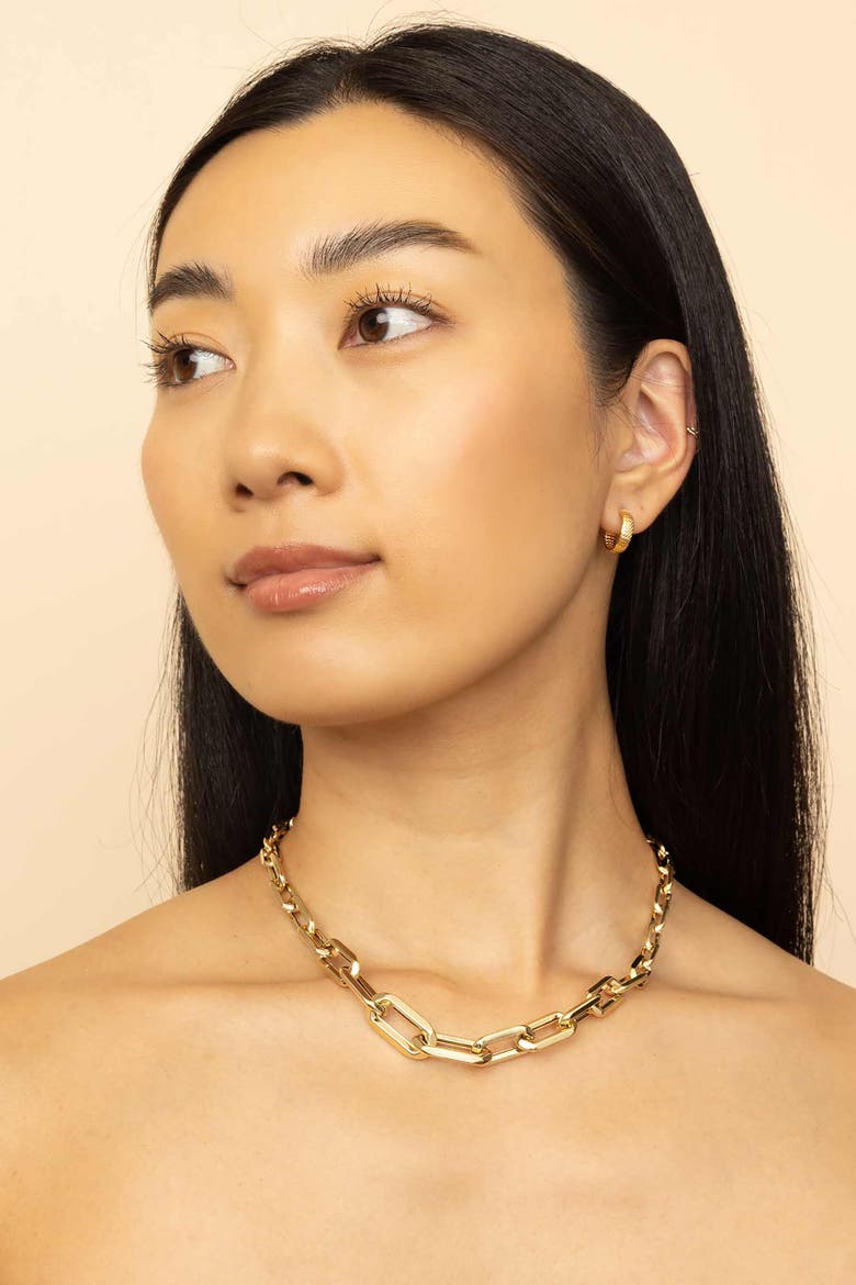 14K Yellow Gold Moto Mini Hoops, Alternate, color, Yellow Gold