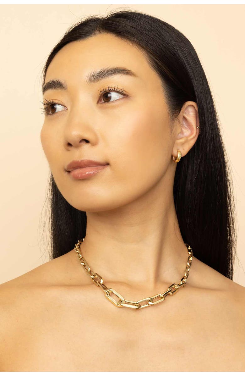 Oradina 14K Yellow Gold Moto Mini Hoops, Alternate, color, Yellow Gold