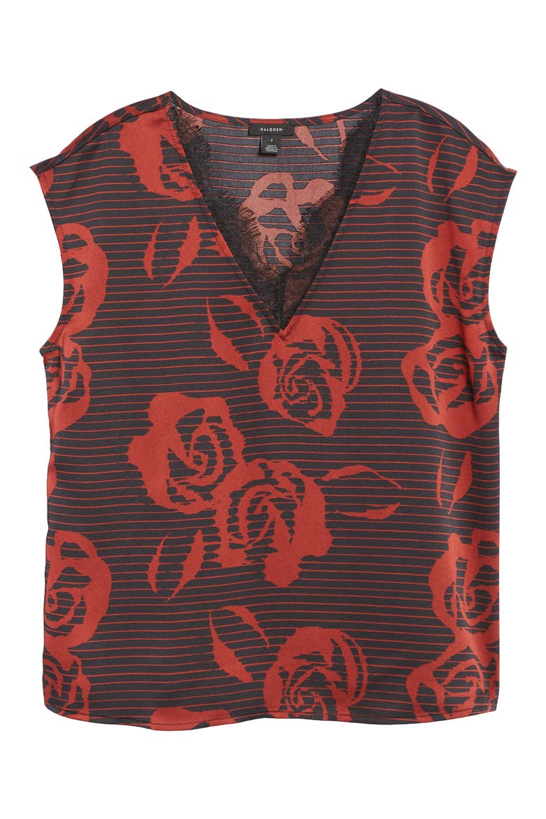 Women's Lace Trim Sleeveless Blouse, Alternate, color, BLACK- BURGUNDY ROSETTE STRIPE