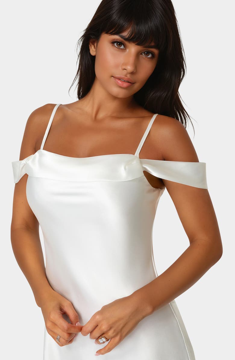 bebe Drape Shoulder Satin Midi Dress, Alternate, color, Ivory