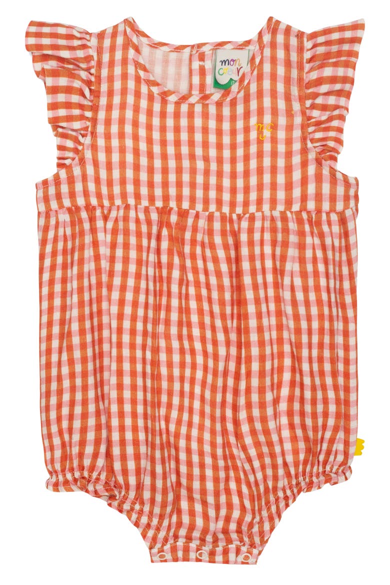 Gingham Linen Bubble Romper, Main, color, NATURAL/ MISTI ROSE/ ORANGE