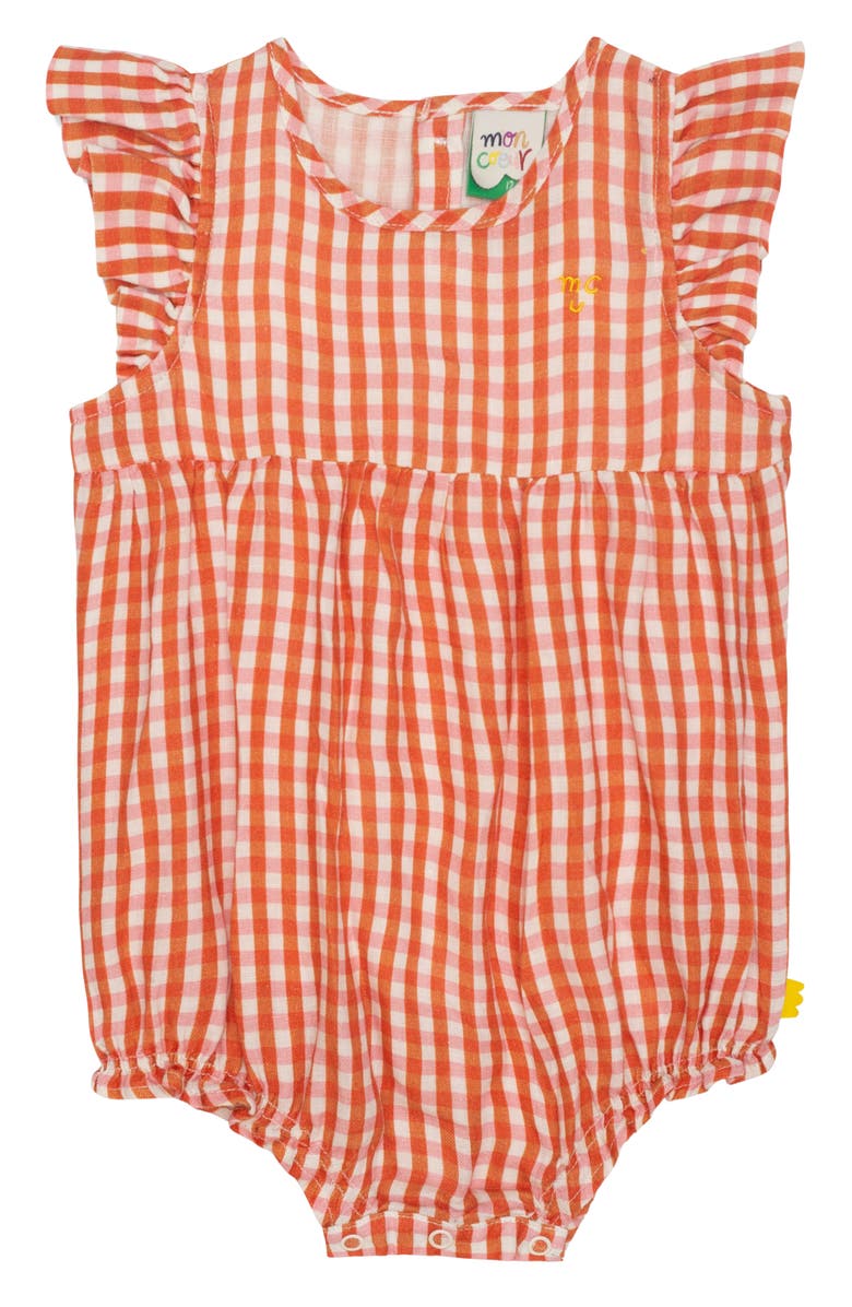 Mon Coeur Gingham Linen Bubble Romper, Main, color, Natural/ Misti Rose/ Orange