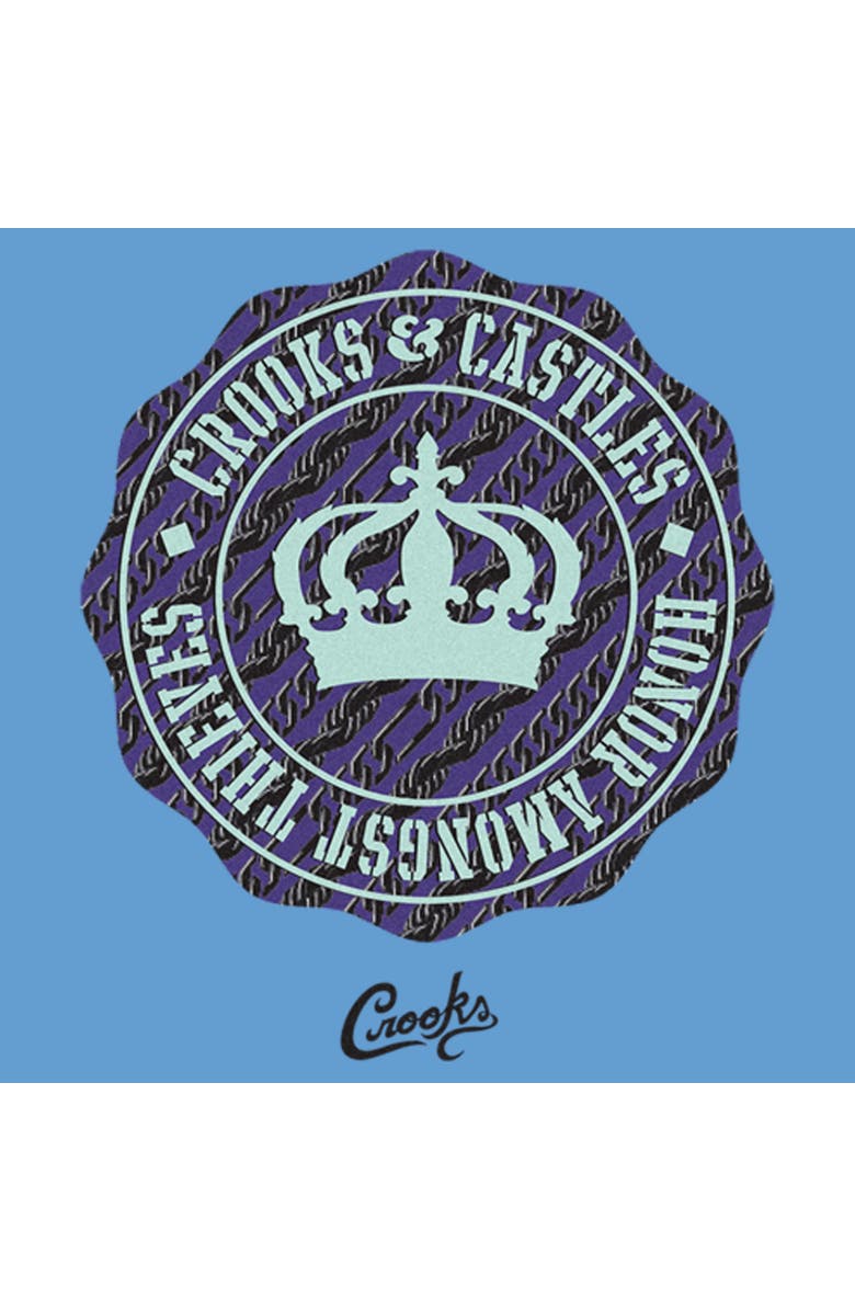 Crooks & Castles Men's Crooks & Castles Honor Amongst Thieves Purple Badge Front and Back Graphic T-Shirt, Alternate, color, Carol Blue